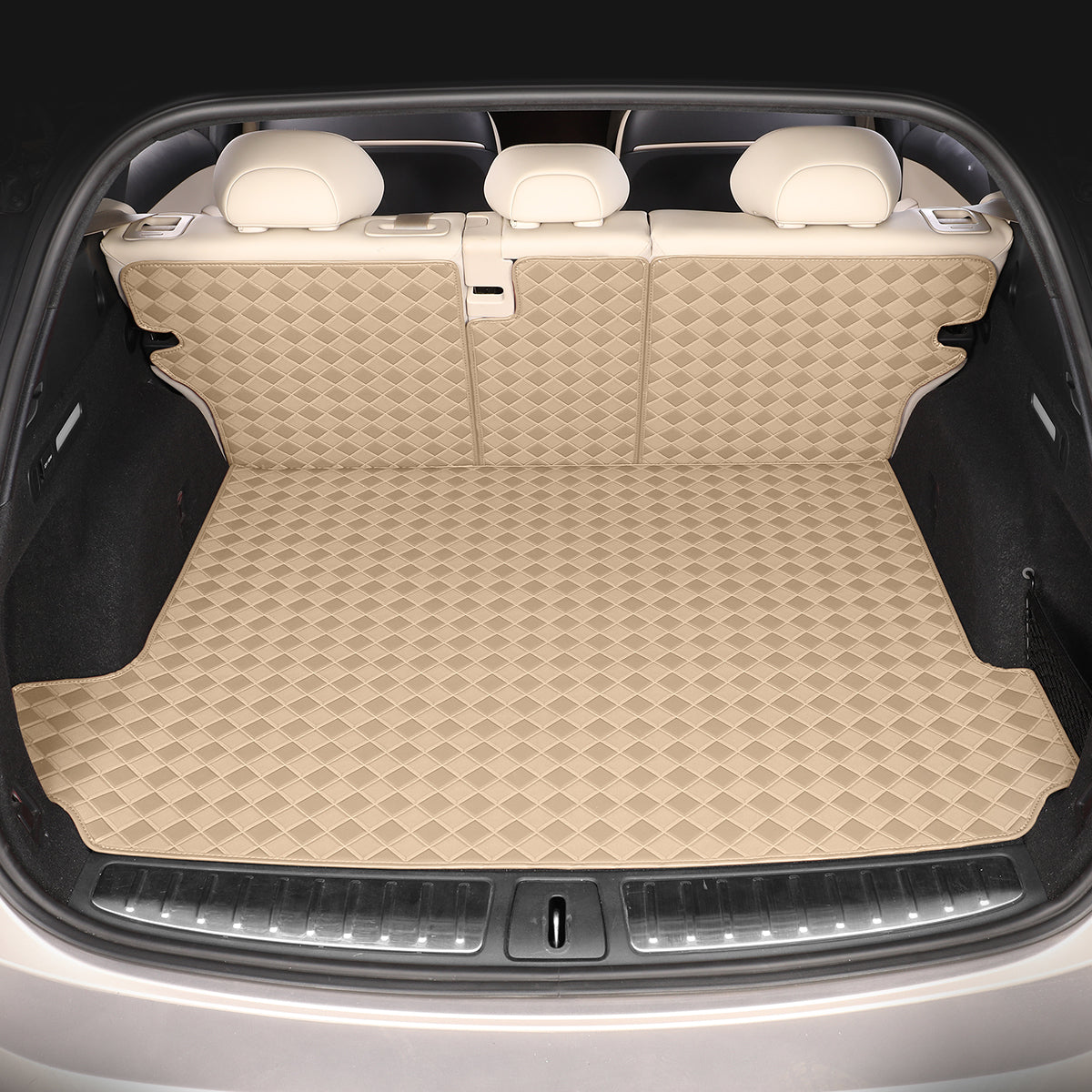 CarMatWorld Custom Car Boot Liners 3x3 Diamond Waterproof Boot Liners 7 Seats / Cargo Mat + Back Cover / Beige