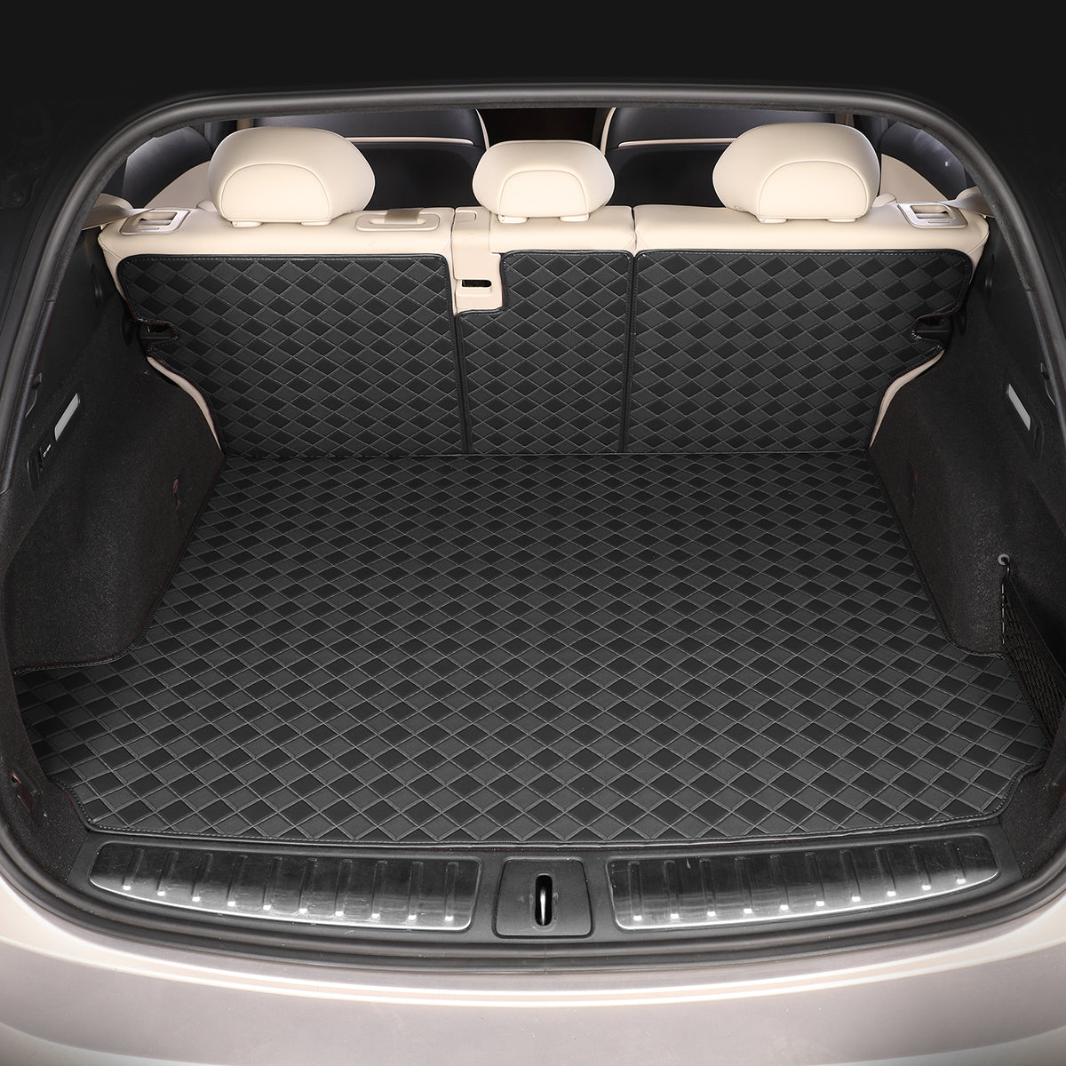 CarMatWorld Custom Car Boot Liners 3x3 Diamond Waterproof Boot Liners 7 Seats / Cargo Mat + Back Cover / Black