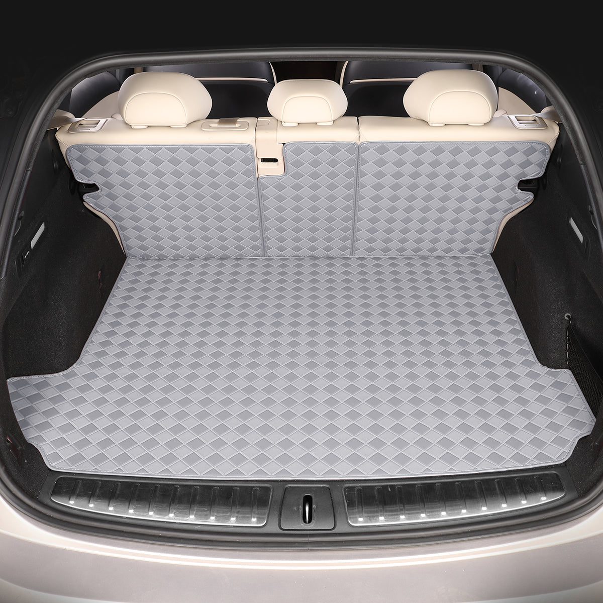 CarMatWorld Custom Car Boot Liners 3x3 Diamond Waterproof Boot Liners 7 Seats / Cargo Mat + Back Cover / Grey