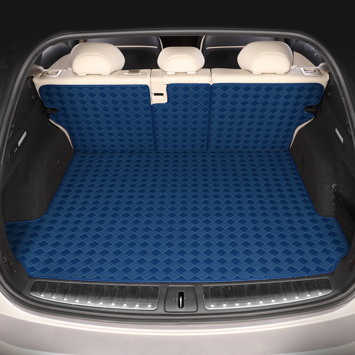 CarMatWorld Custom Car Boot Liners 3x3 Diamond Waterproof Boot Liners 7 Seats / Cargo Mat + Back Cover / Navy Blue