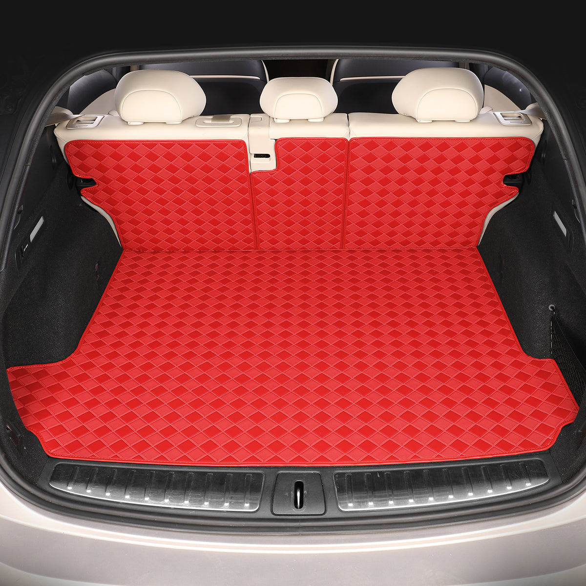 CarMatWorld Custom Car Boot Liners 3x3 Diamond Waterproof Boot Liners 7 Seats / Cargo Mat + Back Cover / Red
