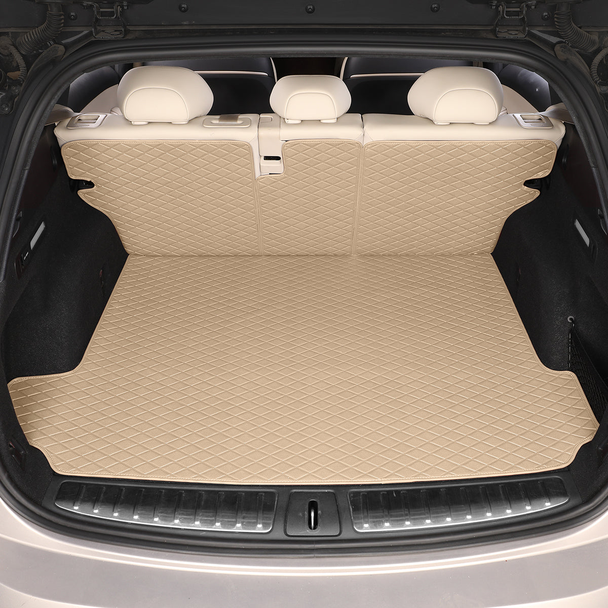CarMatWorld Custom Car Boot Liners 3x5 Diamond Waterproof Boot Liners 7 Seats / Cargo Mat + Back Cover / Beige