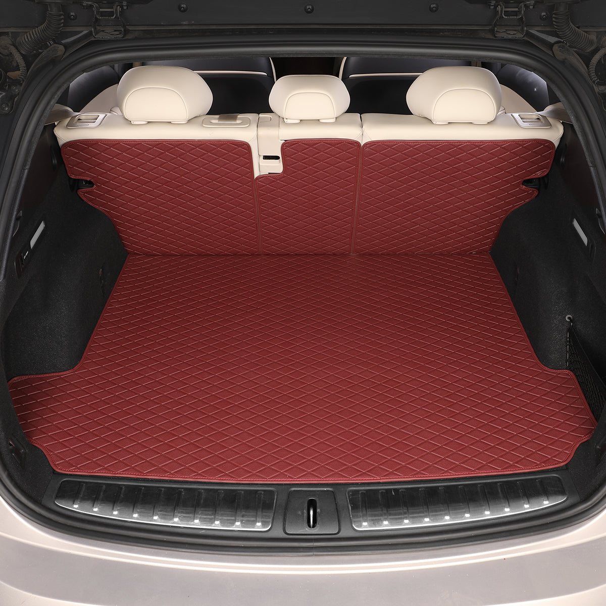 CarMatWorld Custom Car Boot Liners 3x5 Diamond Waterproof Boot Liners 7 Seats / Cargo Mat + Back Cover / Burgundy