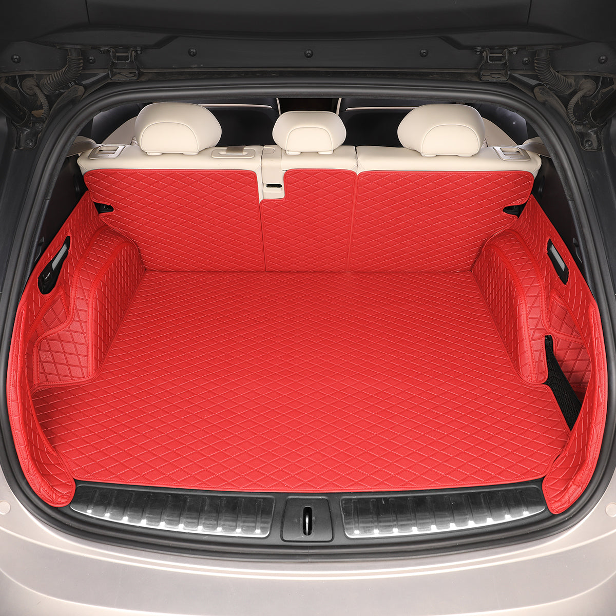 CarMatWorld Custom Car Boot Liners 3x5 Diamond Waterproof Boot Liners 7 Seats / Full Coverage / Red